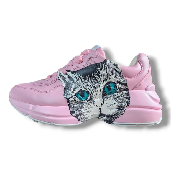 Gucci Rhyton Sugar Pink Leather Sneakers with Mystic Cat Print Women’s Size 35.5 - Picture 1 of 16